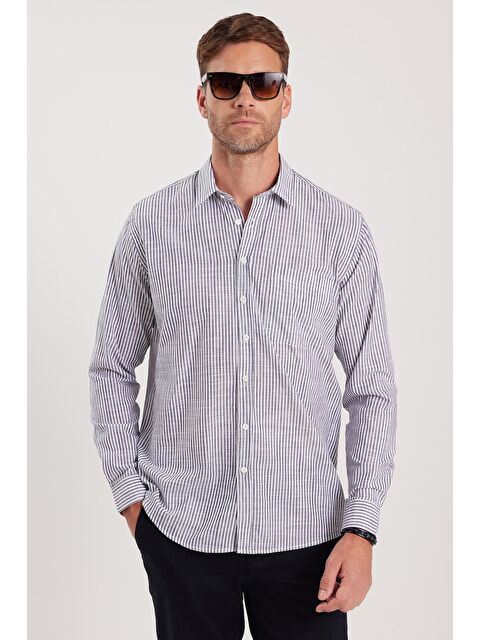 TUDORS Erkek Regular Fit Klasik Kesim Uzun Kollu %100 Pamuk Keten Doku Tek Cepli Füme Çizgili Gömlek - S000519984-29351