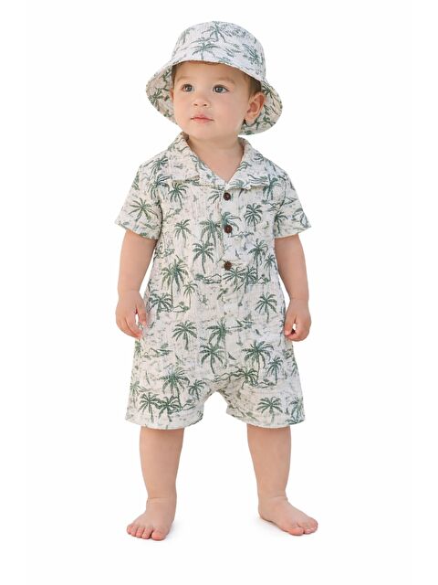 Kidex's Erkek Bebek Palmiye Desenli Şapkalı Tulum Yazlık Kısa Kollu Şort Tulum