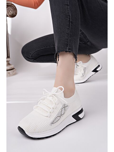 Muggo MARTHA Kadın Kalın Taban Günlük Triko Taşlı Bağcıklı Sneaker Spor Ayakkabı - S000355142-20063