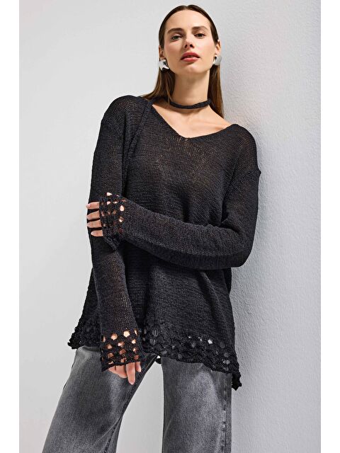 It's Basic Kadın Siyah w5 Oversize Özel Kumaş Tasarım Bol Kesim Triko - S000529294-19351