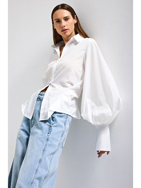 It's Basic Kadın Beyaz w5 Balon Kol Pamuk Belden Oturtmalı Özel Tasarım Gömlek - S000529295-20063