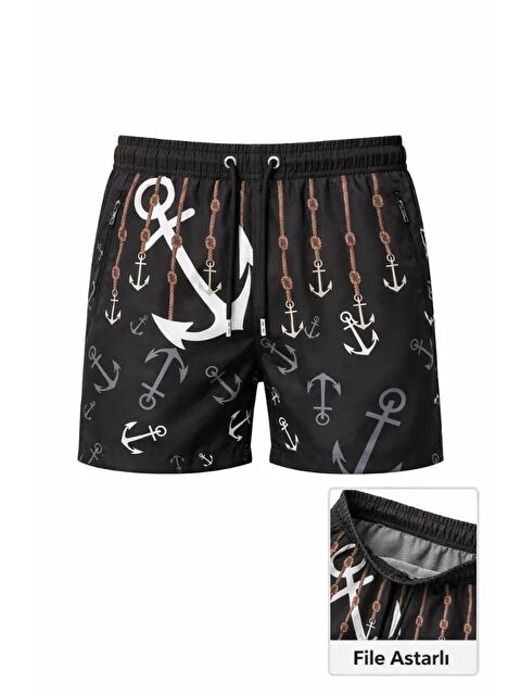 Jane's Erkek Deniz Şortu Fermuarlı Cepli File Astarlı Hızlı Kuruyan Premium - Siyah