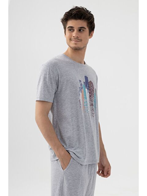 Koza İç Giyim Erkek Gri Melanj Baskılı Şortlu Pijama Takımı - S000310491-20600