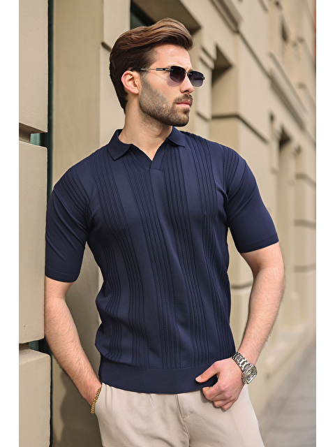 Madmext Lacivert Polo Yaka Triko Erkek Tişört E7469 - S000515193-21164