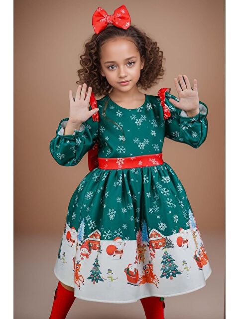 Riccotarz Kız Çocuk Omuzları Fırfırlı Geyik ve Kar Tanesi Baskılı Yeşil Elbise - S000317308-18194