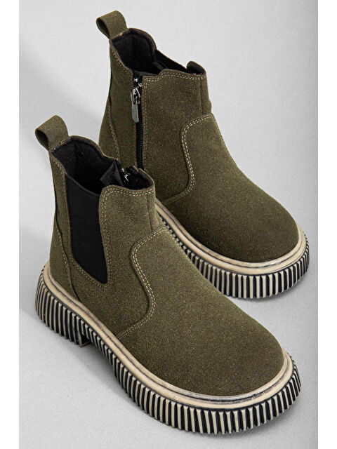 TONNY BLACK Çocuk Unisex Haki Süet Kalın Tırtıklı Termo Taban Fermuarlı Lastikli Chelsea Bot - S000493931-18547