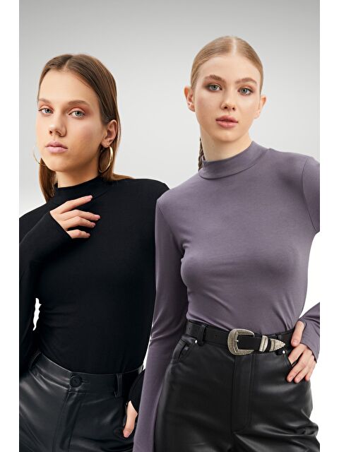 Bipantolon Kadın Siyah Gri 2'li Parmak Detaylı Body