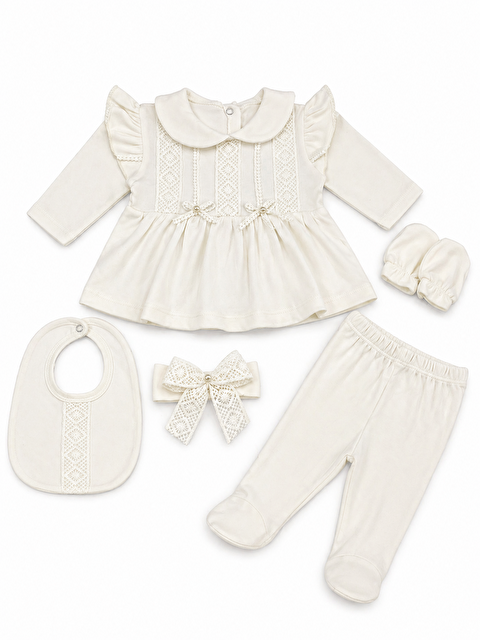 Verona Tarz Kız Bebek Fistolu 5li Hastane Çıkış seti Yenidoğan 0-3 ay %100 Pamuk