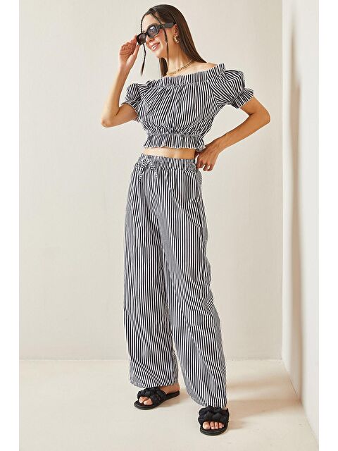 Xhan Siyah Beli Lastikli Çizgili Crop Takım 5YXK8-48834-02 - S000237637-19351