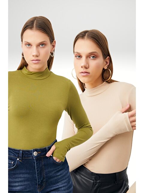 Bipantolon Kadın Yağ Yeşili Krem Parmak Detaylı 2'li Body