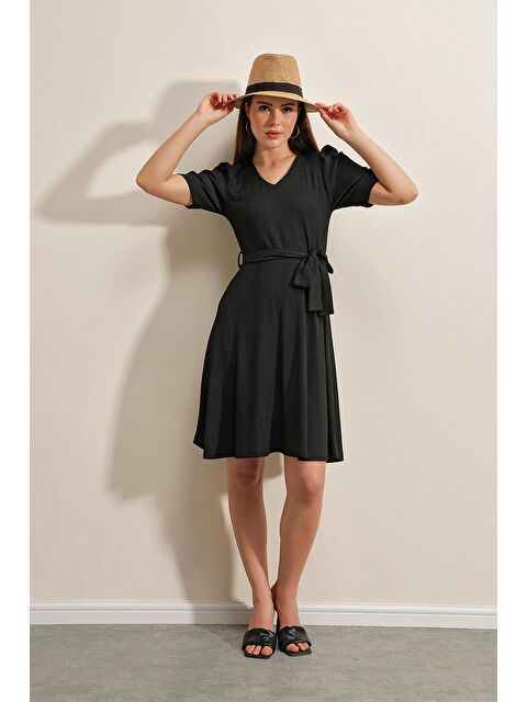 Bigdart 2370 Kuşaklı Örme Elbise - Siyah - S000089496-19351