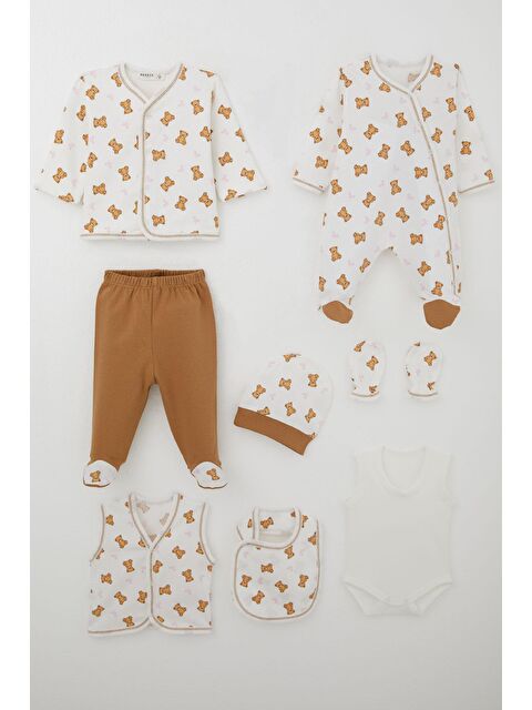 Breeze Kız Bebek Hastane Çıkışı 8 Li Sevimli Bebek Ayıcık Desenli Fiyonklu Ekru (0-3 Ay) - S000507728-19965