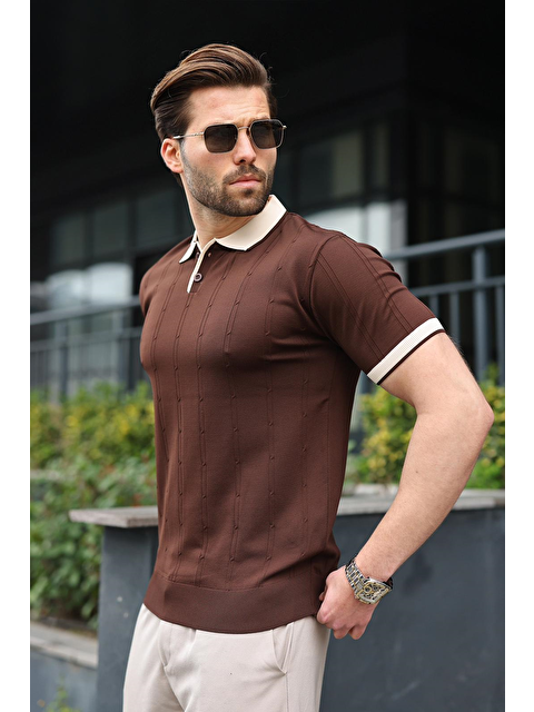 Madmext Kahverengi Polo Yaka Triko Erkek Tişört E7470 - S000515191-19413
