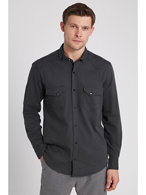 TUDORS Erkek Regular Fit Rahat Kesim Çift Cepli Spor Yaka Denim Haki Gömlek - S000520037-18547