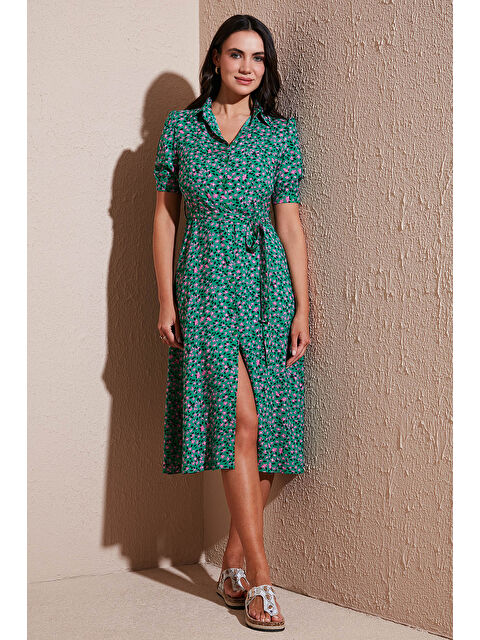 Lela Desenli Regular Fit Yırtmaçlı Midi Boy Kemerli Gömlek Kadın Elbise 6782106 - S000358154-18194