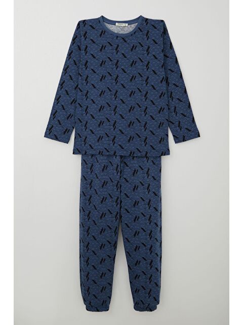 Breeze Erkek Çocuk Pijama Takımı Okyanus Çizgisi Dalga Desenli İndigo (9-12 Yaş) - S000490573-23093