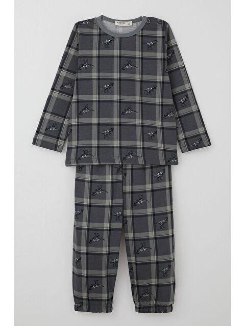 Breeze Erkek Bebek Pijama Takımı Dinozor Krallığı Ekose Desenli Gri (9 Ay-3 Yaş) - S000490570-20600