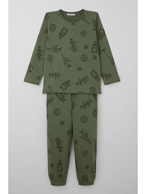 Breeze Erkek Çocuk Pijama Takımı Seyahat Temalı Dünya Gezgini Haki Yeşil (4-8 Yaş) - S000490572-18547