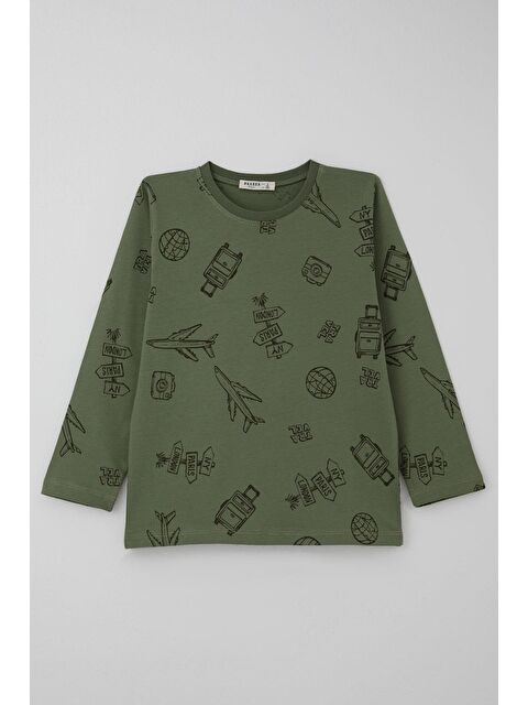 Breeze Erkek Çocuk Pijama Takımı Seyahat Temalı Dünya Gezgini Haki Yeşil (4-8 Yaş) - S000490572-18547