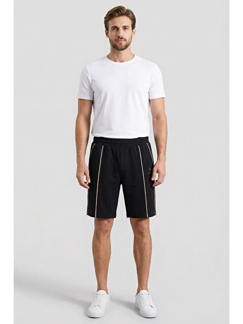 Tommylife Siyah-Bej Oversize Fit Basic Ön Dikiş Detaylı Erkek Şort - 81283 - S000522113-37423