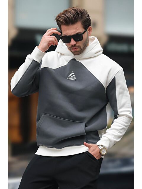 Madmext Ekru Kapüşonlu Cep Detaylı Nakışlı Erkek Hoodie E7085 - S000294656-19965