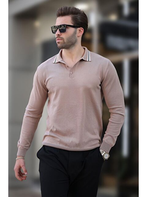 Madmext Bej Polo Yaka Düğmeli Uzun Kollu Kazak 7269 - S000289015-19928