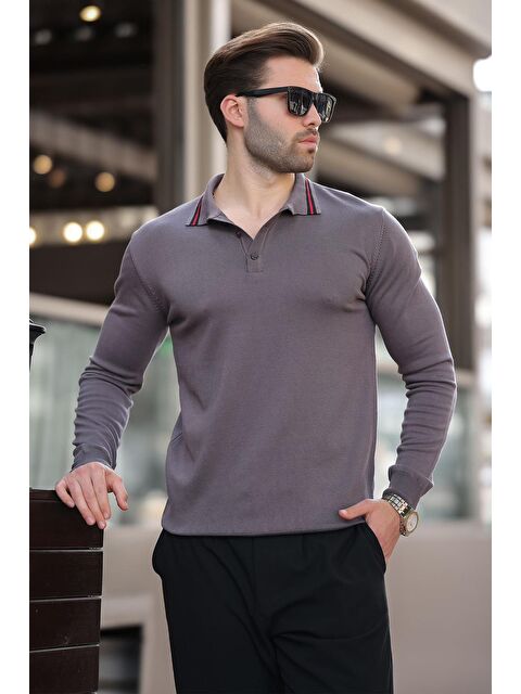 Madmext Gri Polo Yaka Düğmeli Uzun Kollu Kazak 7269 - S000289015-20600