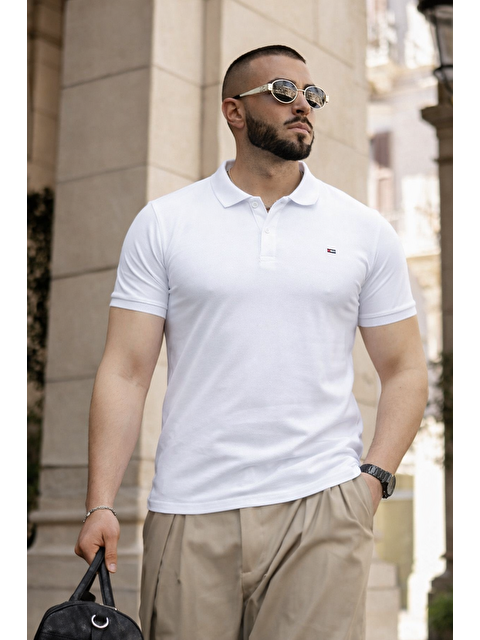 Comstar Erkek Trend Dar Basic Yazlık Beyaz Polo Yaka Tişört