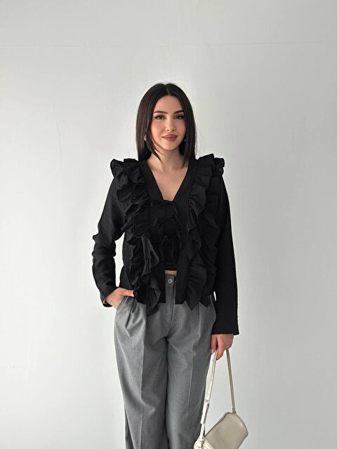 carla10 Fırfırlı Bağcıklı Bluz Siyah - S000529308-19351