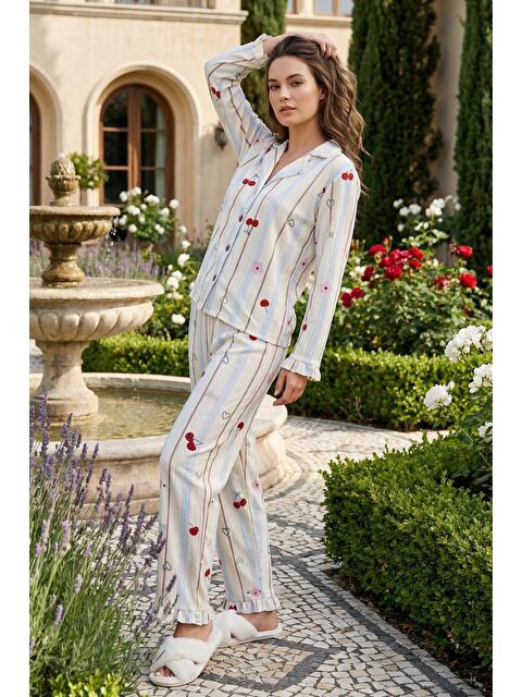 C&City Bürümcük Dokulu Düğmeli Pijama Takım Kiraz - S000529310-12729