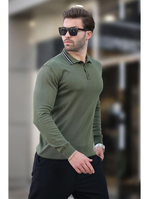 Madmext Haki Polo Yaka Düğmeli Uzun Kollu Kazak 7269 - S000289015-18547