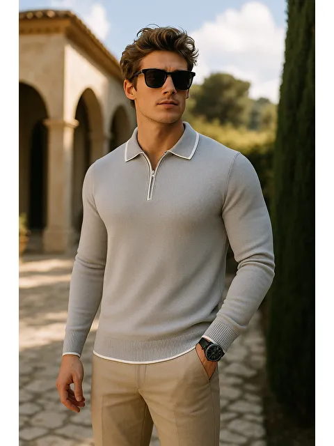 Comstar Erkek Günlük Fermuarlı Gri Uzun Kollu Polo Yaka Triko