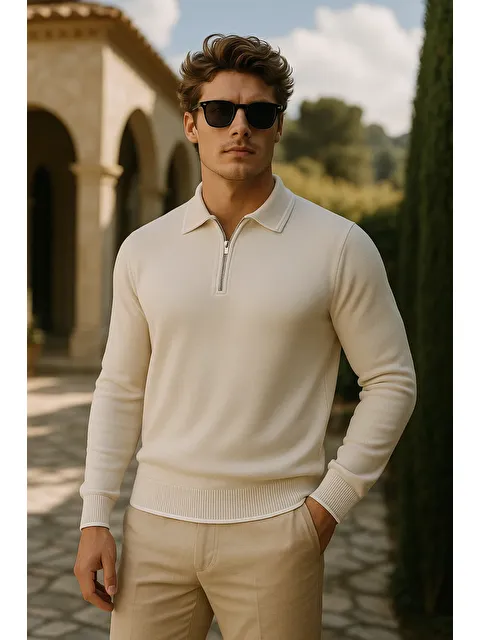 Comstar Erkek Günlük Fermuarlı Krem Uzun Kollu Polo Yaka Triko