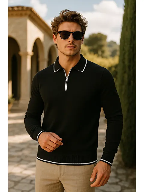 Comstar Erkek Günlük Fermuarlı Siyah Uzun Kollu Polo Yaka Triko