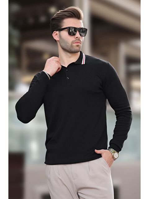 Madmext Siyah Polo Yaka Düğmeli Uzun Kollu Kazak 7269 - S000289015-19351