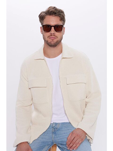 TUDORS Unisex  Relax Fit Rahat Kesim Çift Cepli Fermuarlı Ekru Örme Gömlek - S000310504-19965