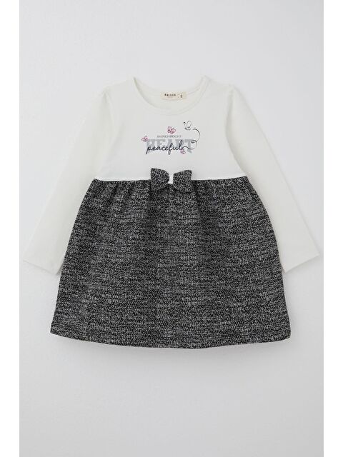 Breeze Kız Çocuk Uzun Kollu Elbise Kelebekli Yazı Baskılı Fiyonk Detaylı Ekru (2-6 Yaş) - S000490577-19965