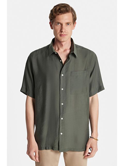 TUDORS Erkek Relax Fit Rahat Kullanım Modal Kumaş Tek Cepli Kısa Kollu Haki Gömlek - S000520039-18547
