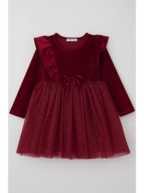 Breeze Kız Çocuk Uzun Kollu Kadife Elbise Fiyonk Aksesuarlı Tülü Sim Detaylı Bordo (6-8 Yaş) - S000490578-19951