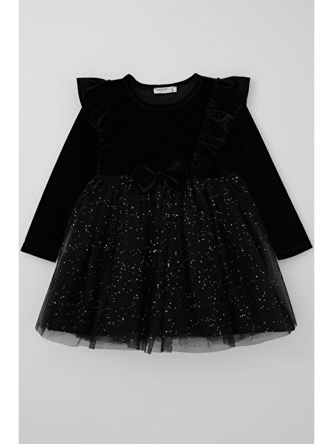Breeze Kız Çocuk Uzun Kollu Kadife Elbise Fiyonk Aksesuarlı Tülü Sim Detaylı Siyah (4-8 Yaş) - S000490578-19351