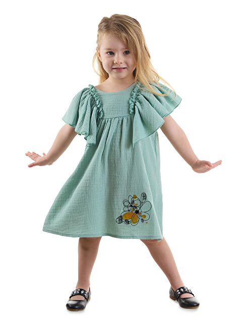 Denokids Çiçekli Kız Bebek Çocuk Yeşil Müslin Elbise - S000147986-18194