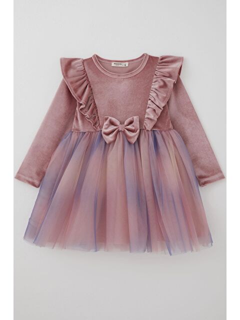 Breeze Kız Çocuk Uzun Kollu Kadife Elbise Fiyonk Aksesuarlı Tülü Sim Detaylı Gülkurusu (3-8 Yaş) - S000490579-20028