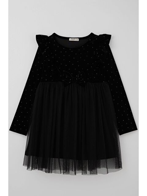 Breeze Kız Çocuk Uzun Kollu Kadife Elbise Taş Aksesuar Detaylı Tüllü Siyah (4-8 Yaş) - S000490580-19351