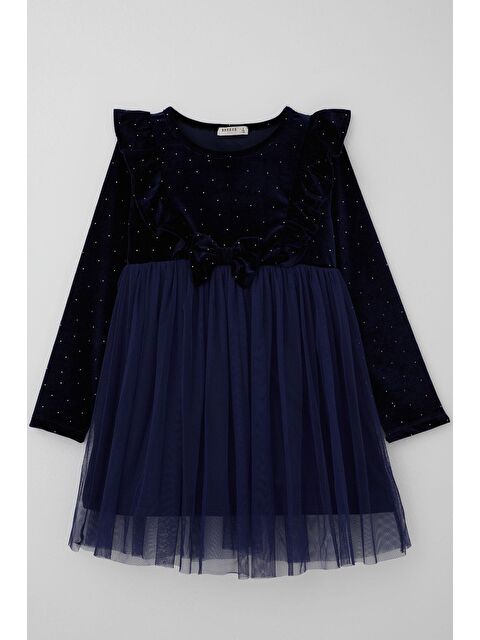 Breeze Kız Çocuk Uzun Kollu Kadife Elbise Taş Aksesuar Detaylı Tüllü Lacivert (4-8 Yaş) - S000490580-21164