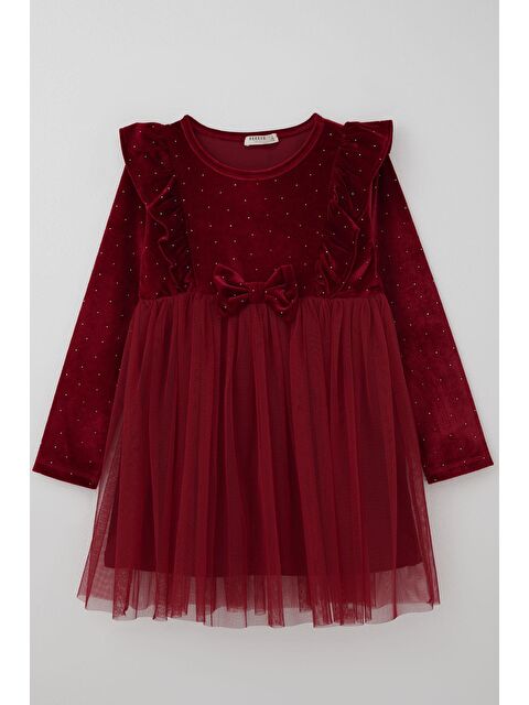 Breeze Kız Çocuk Uzun Kollu Kadife Elbise Taş Aksesuar Detaylı Tüllü Bordo (4-8 Yaş) - S000490580-19951