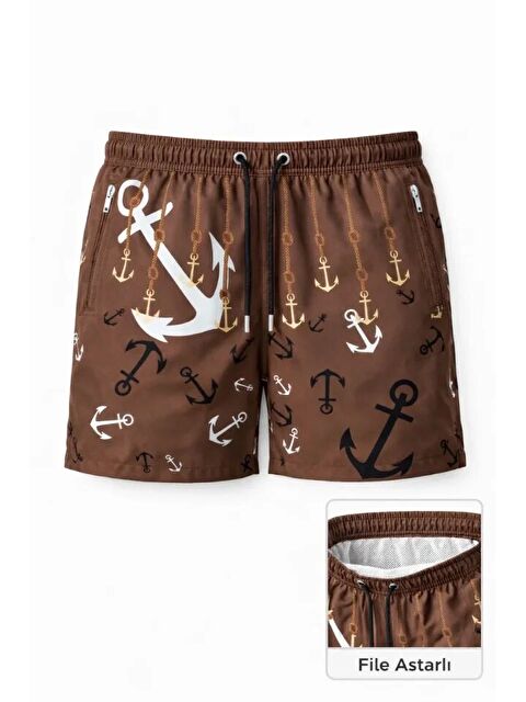 Jane's Erkek Deniz Şortu Fermuarlı Cepli File Astarlı Hızlı Kuruyan Premium - Kahverengi