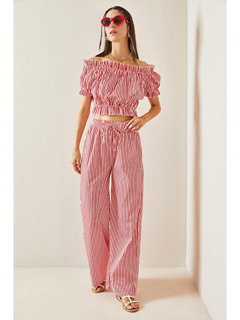 Xhan Kırmızı Beli Lastikli Çizgili Crop Takım 5YXK8-48834-04 - S000237637-20045