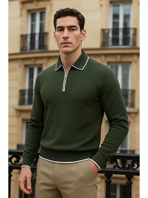 Comstar Erkek Trend Fermuarlı Haki Uzun Kollu Polo Yaka Tişört