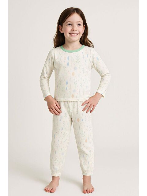 Breeze Kız Çocuk Pijama Takımı Bahar Fısıltısı Renkli Yapraklar Desenli Ekru (4-8 Yaş) - S000434009-19965