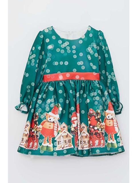 Riccotarz Kız Çocuk Üzeri Ev ve Ayıcık Desenli Beli Şerit Üzeri Puantiyeli Yeşil Elbise - S000317310-18194